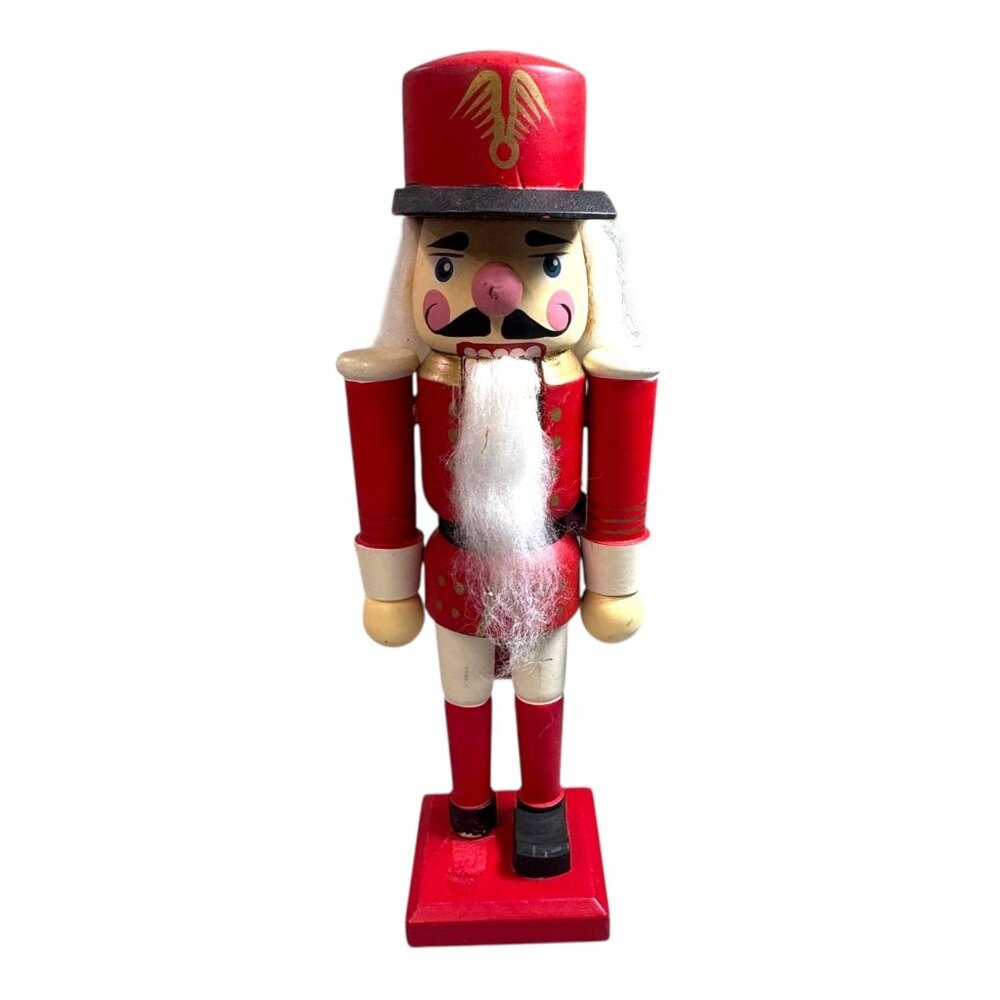 Vintage Wooden Red Nutcracker Soldier Figurine Hand-Painted Christmas Beard READ